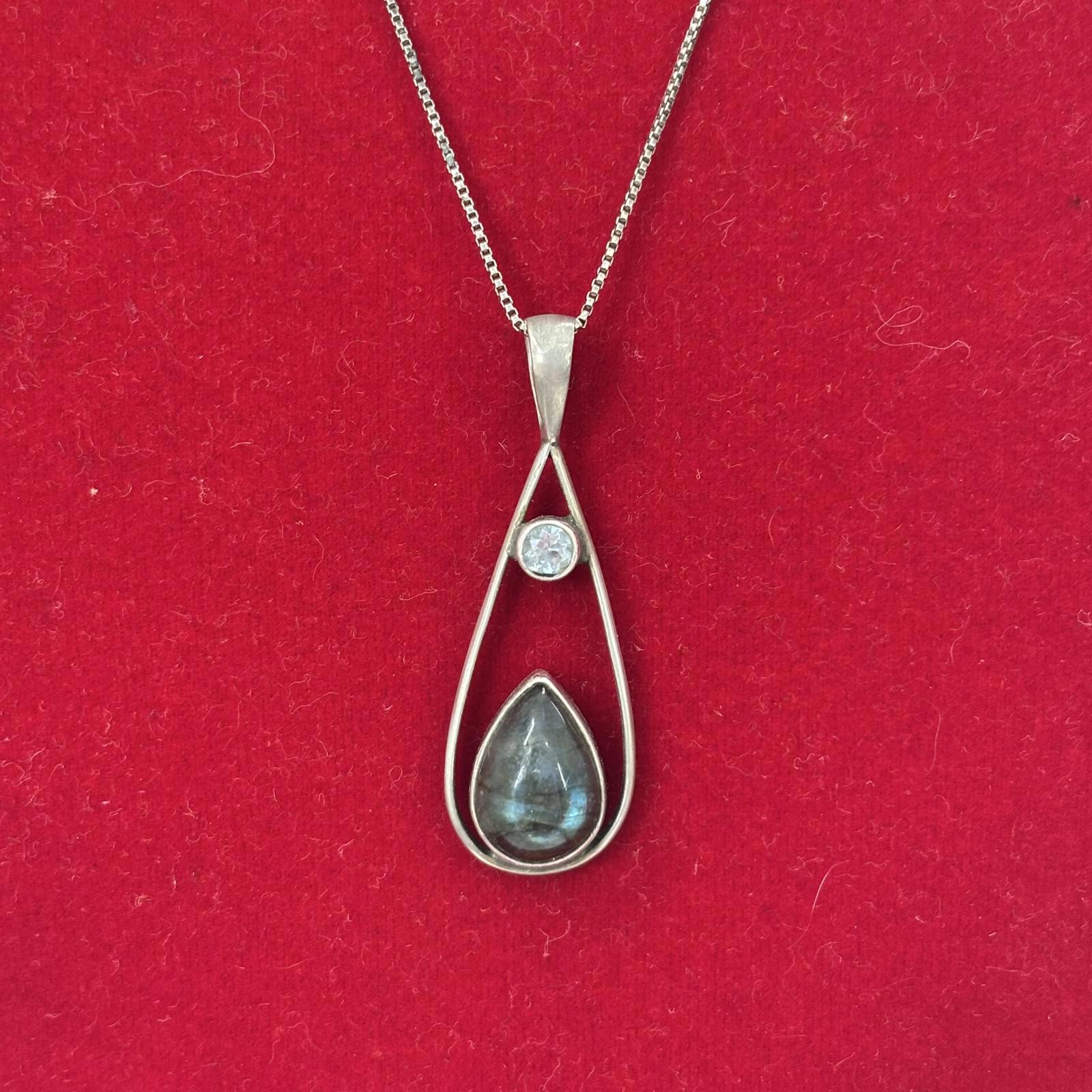 Vtg Sterling Labradorite Rhinestone Pendant With Box Chain